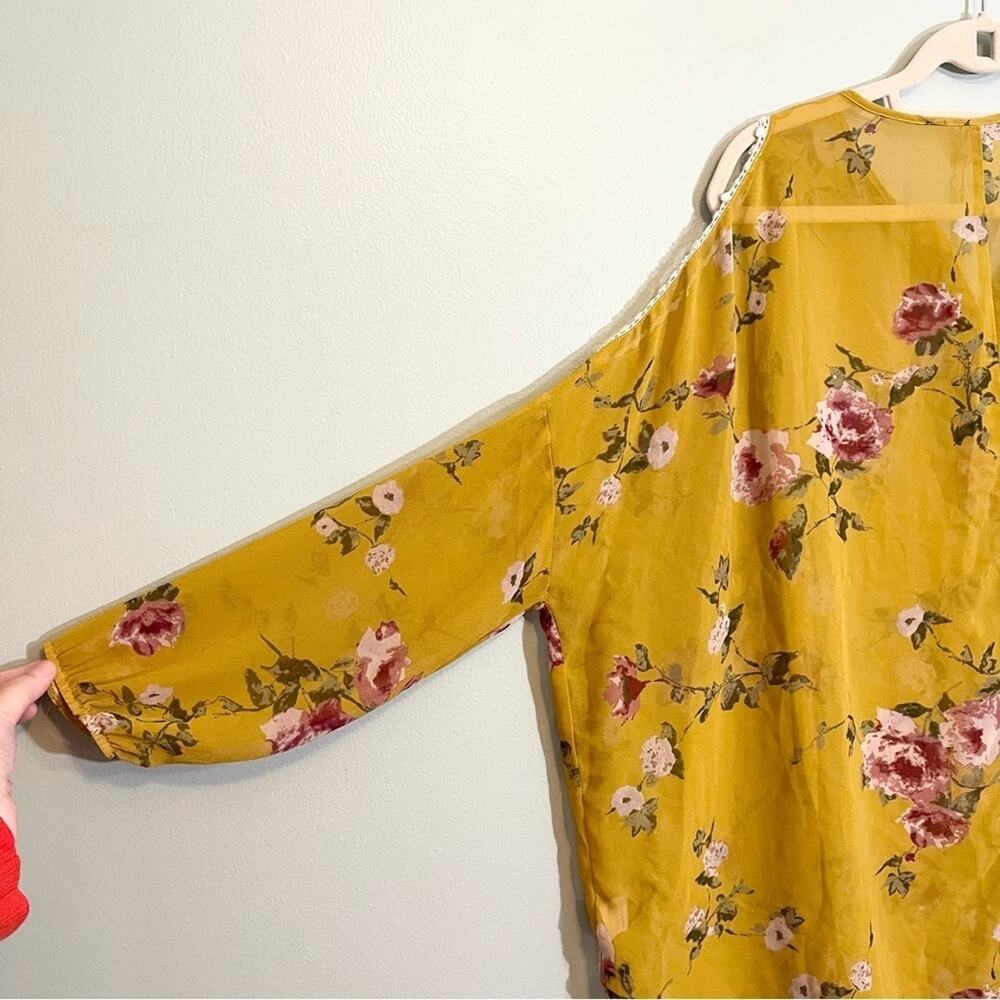 Pink Blush Yellow Floral Sheer Open Shoulder Blouse Size XL - Picture 6 of 16